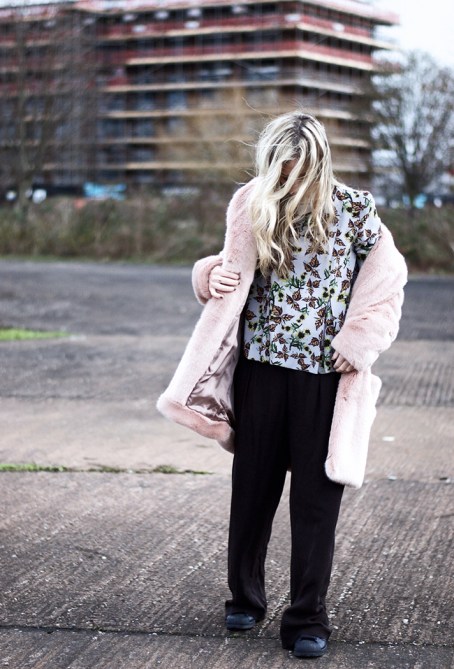 pink coat floral top pants outfit