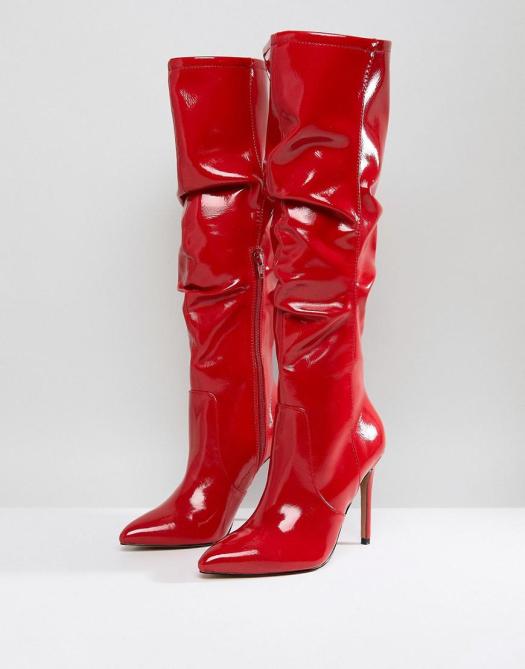 red slouchy pointed knee boots
