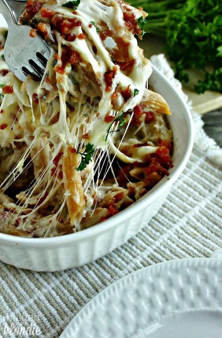 STYLECASTER | 17 Easy Whole Grain Pasta Recipes That Don't Suck | Bacon Alfredo Bake with Whole Grain Pasta