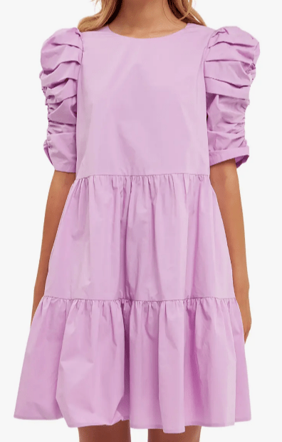 Pleated Puff Sleeve Tiered Cotton Minidress