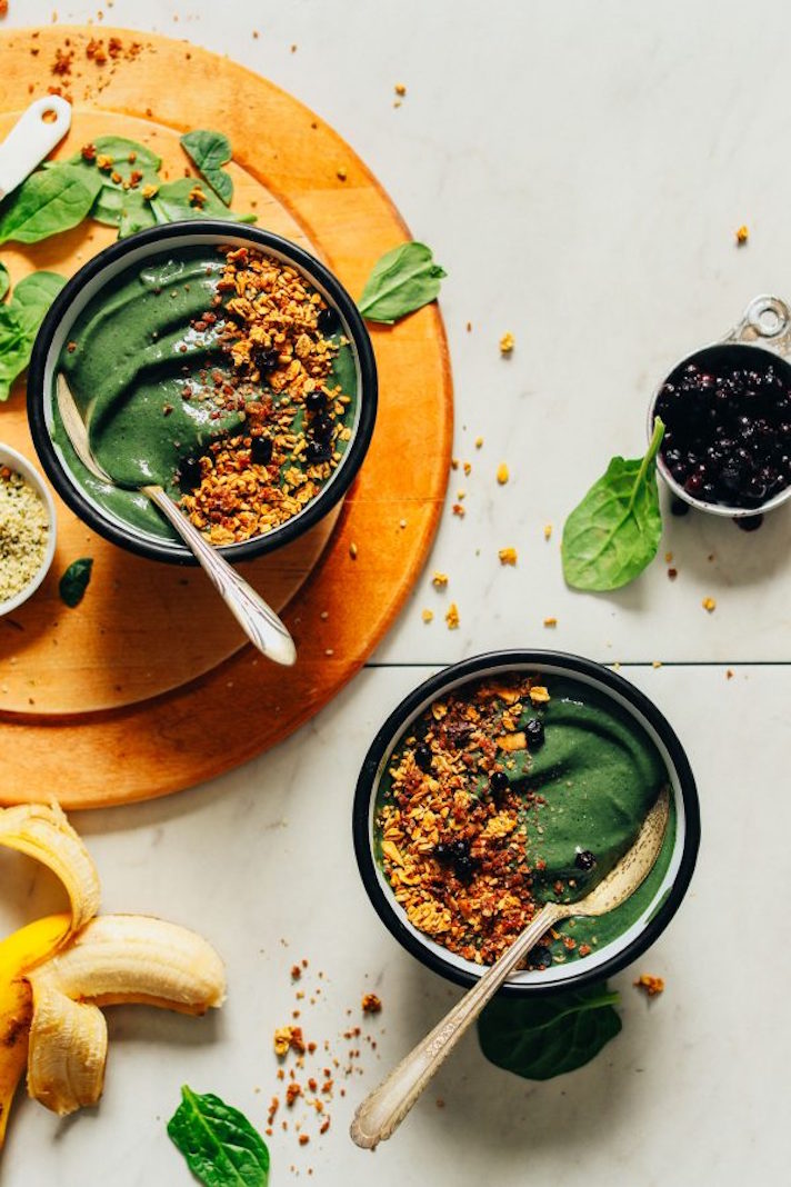 STYLECASTER | 17 High-Protein Vegan Smoothies That'll Keep You Going All Morning | Peanut Butter-Banana Green Smoothie Bowls