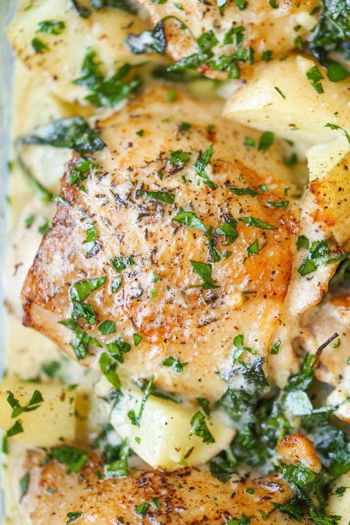 STYLECASTER | Easy Weeknight Chicken Recipes That Are Perfect for Fall | Chicken and Potatoes in Garlic-Parmesan Cream Sauce