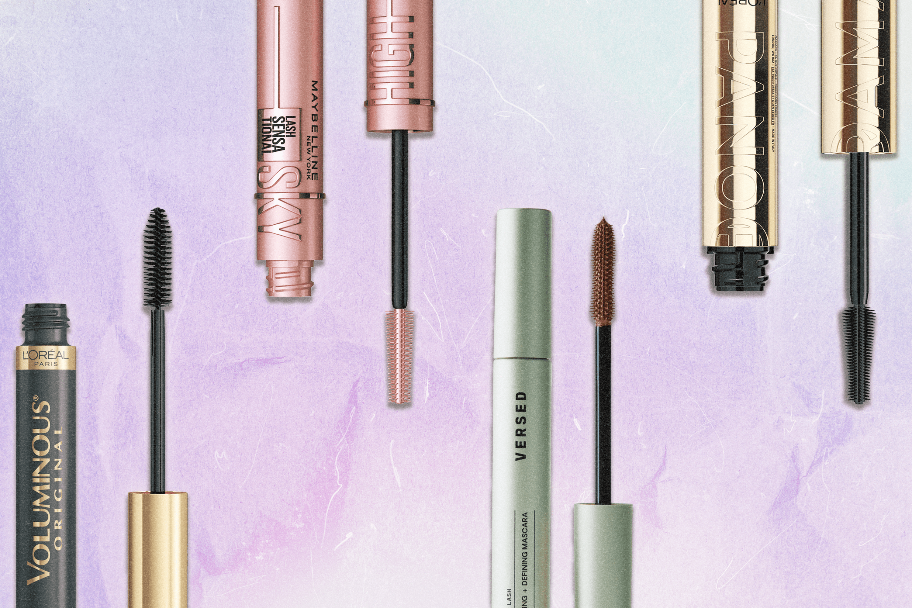 A collage of four tubes of cheap, under-$15 mascaras (left to right: L'Oreal Paris, Maybelline New York, Versed, L'Oreal Paris).