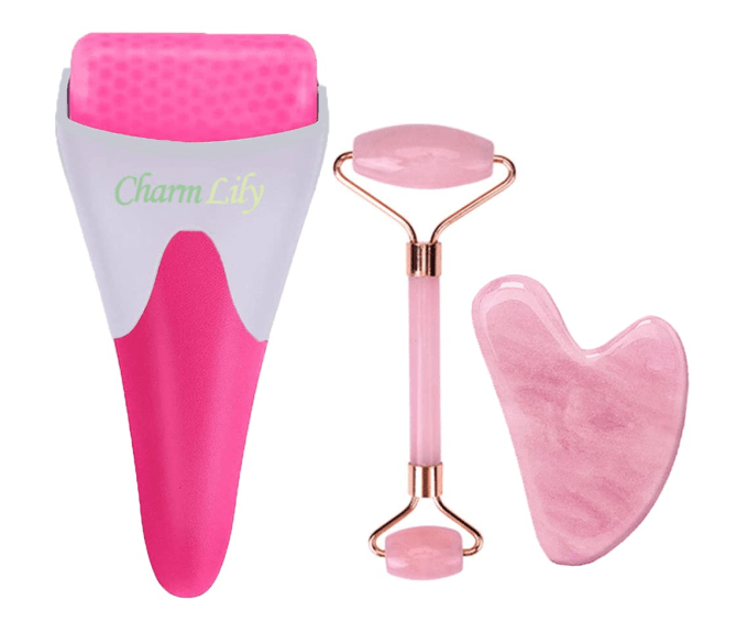 Rose Quartz & Ice Roller + Gua Sha Massager Tool Set