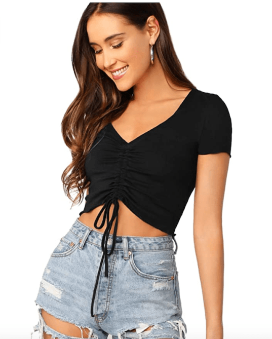 Verdusa Women's Ruched Drawstring Front V Neck Crop