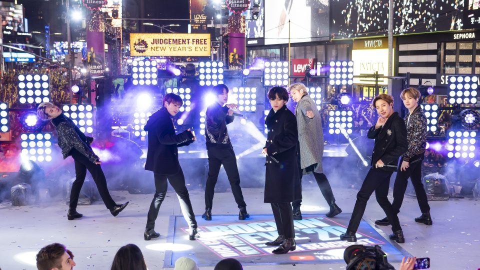 Members of BTS perform at the Times Square New Year's Eve celebration in New York on Dec. 31, 2019.