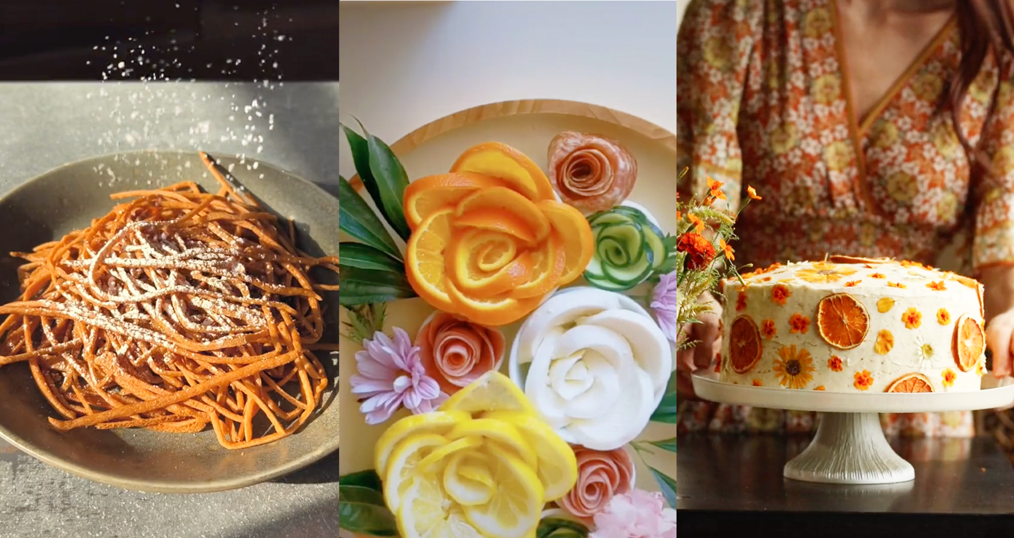 A plate of pancake spaghetti, a charcuterie board arranged in roses, and a wildflower citrus cake