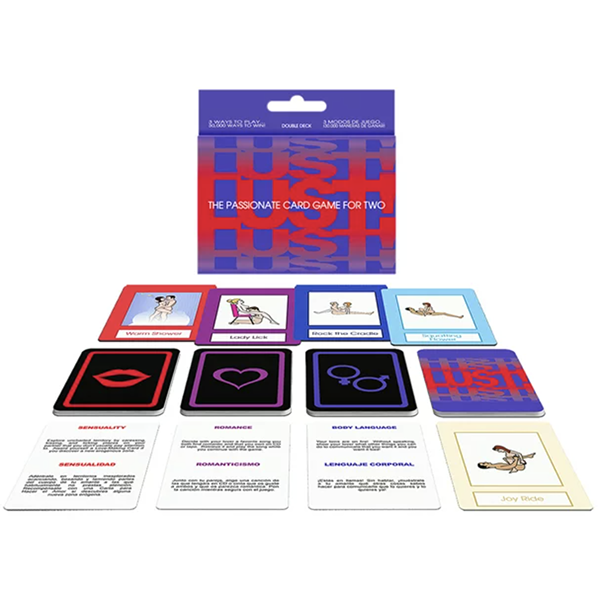 Several stacks of cards in front of the box for the board game "Lust"