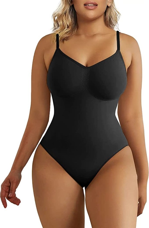 A model wearing the SHAPERX Women's Shapewear Bodysuit in black