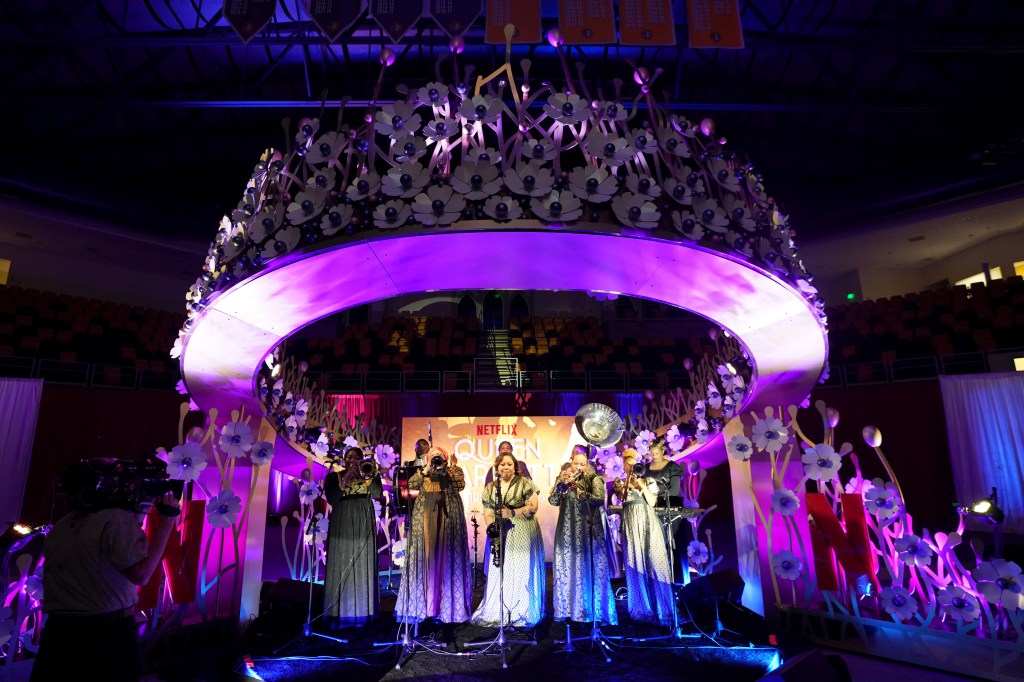 NEW ORLEANS, LOUISIANA - APRIL 15: The Original Pinettes Brass Band performs onstage during the Queen Charlotte Spring Waltz at Xavier University on April 15, 2023 in New Orleans, Louisiana.