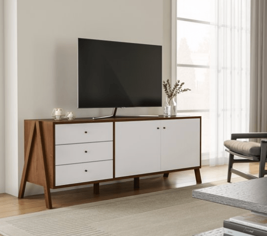 Bellamy Studios Harlow White and Walnut Wood Sideboard Storage Cabinet