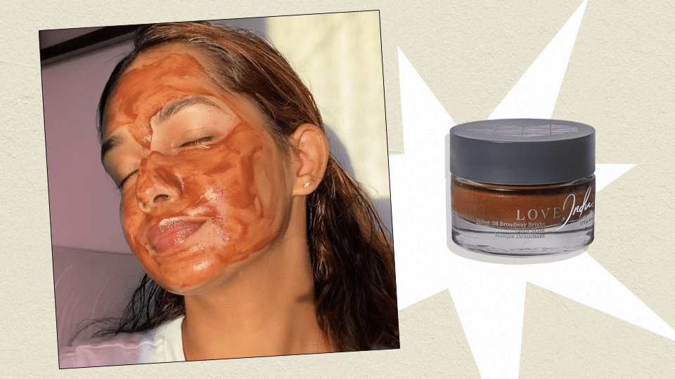 An image of a woman wearing Love, Indus' detox face mask next to a product shot of the face mask