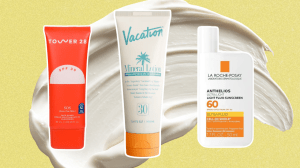 A yellow background with three sunscreen bottles