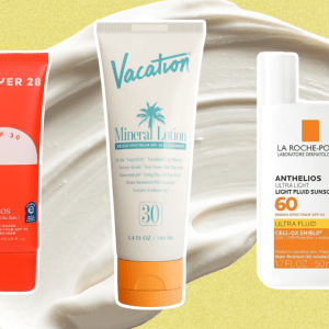 A yellow background with three sunscreen bottles