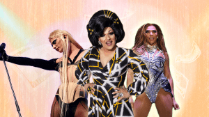 Collage graphic of three drag perfomers.