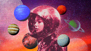 An astronaut surrounded by planets orbiting around her helmet, in representation of your weekly horoscope.