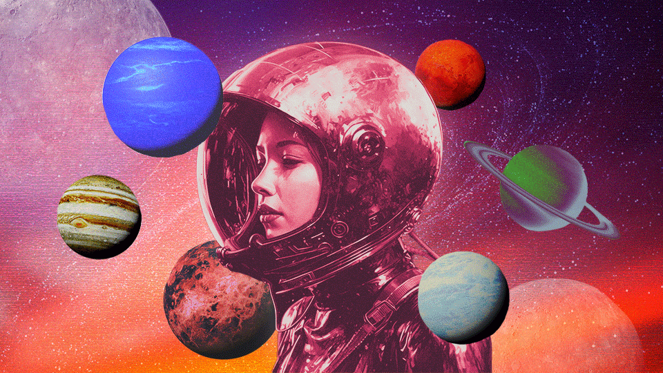 An astronaut surrounded by planets orbiting around her helmet, in representation of your weekly horoscope.
