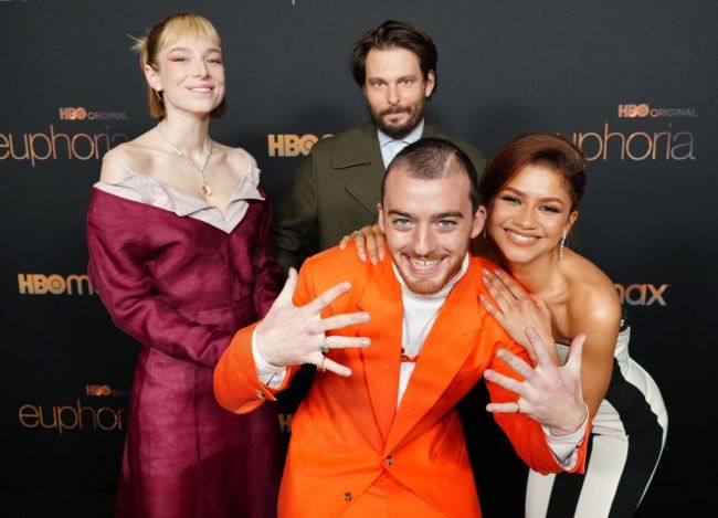 Hunter Schafer, Sam Levinson, Angus Cloud, and Zendaya attends HBO's "Euphoria" Season 2 Photo Call at Goya Studios on January 05, 2022 in Los Angeles, California.
