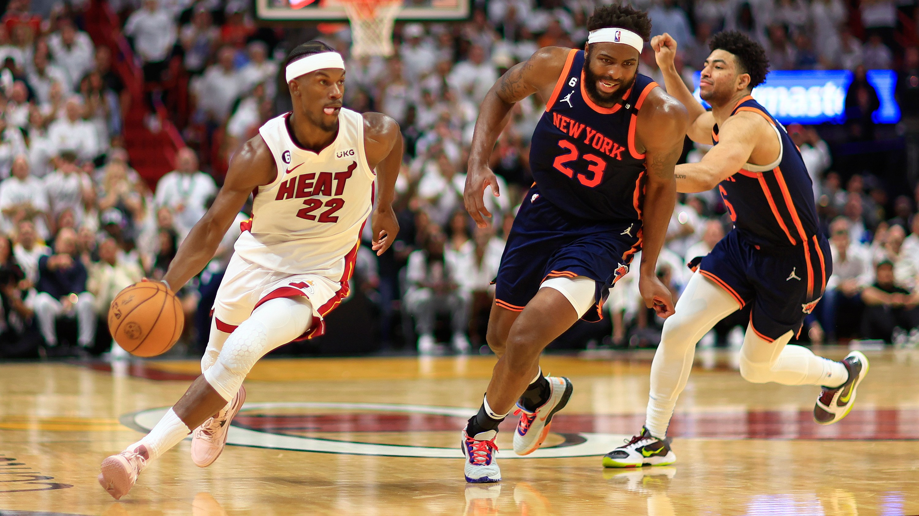 MIAMI, FLORIDA - MAY 12:  Jimmy Butler #22 of the Miami Heat looks to pass during game six of the Eastern Conference Semifinals in the 2023 NBA Playoffs against the New York Knicks at Kaseya Center on May 12, 2023 in Miami, Florida. (Photo by Mike Ehrmann/Getty Images)