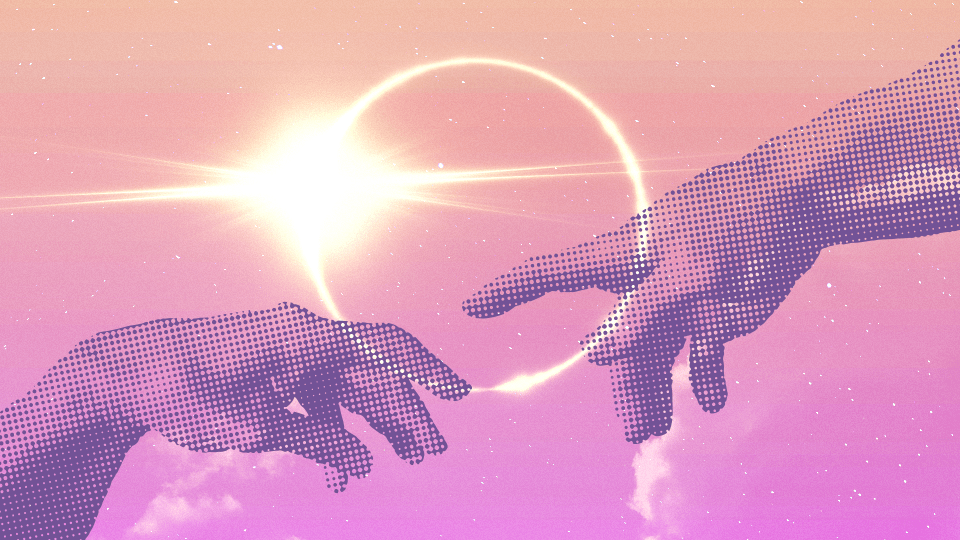 Two hands reaching to touch each other over a solar eclipse