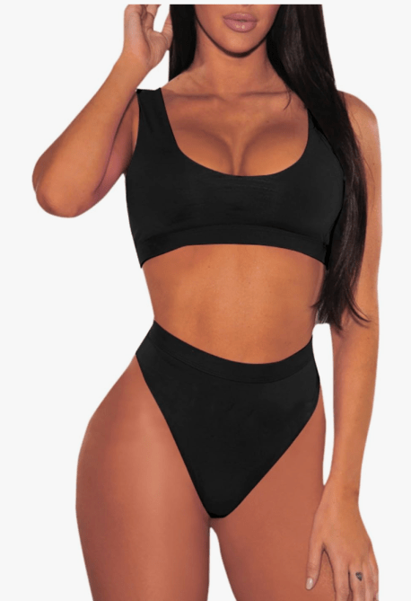 A model wearing the Pink Queen Women's Crop Top High Waisted Cheeky Bikini Set in black