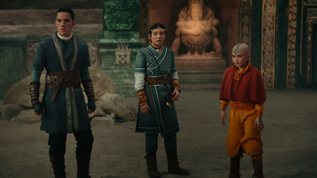 Avatar: The Last Airbender Cast Ages.(L to R): Ian Ousley as Sokka, Kiawentiio as Katara, Gordon Cormier as Aang.
