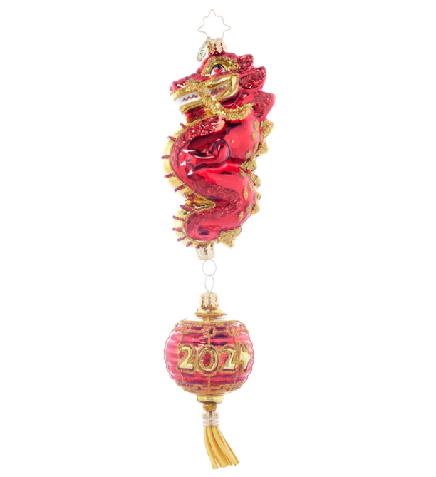 A red and gold 2024 Year of the Dragon ornament from Christopher Radko