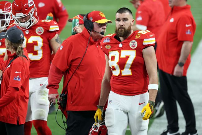 Travis Kelce #87 and Head coach Andy Reid of the Kansas City Chiefs look on in the second quarter against the San Francisco 49ers during Super Bowl LVIII at Allegiant Stadium on February 11, 2024 in Las Vegas, Nevada. 