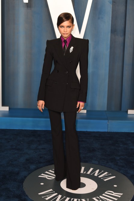 Zendaya in a black suit at the Vanity Fair Oscars afterparty