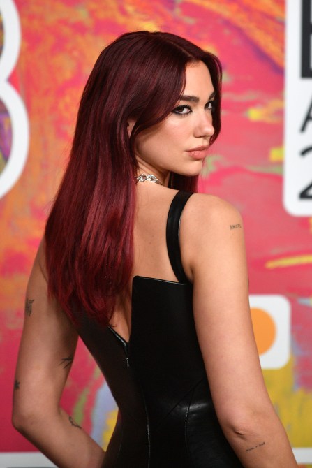 Dua Lipa with cherry red hair that has a slight wave.