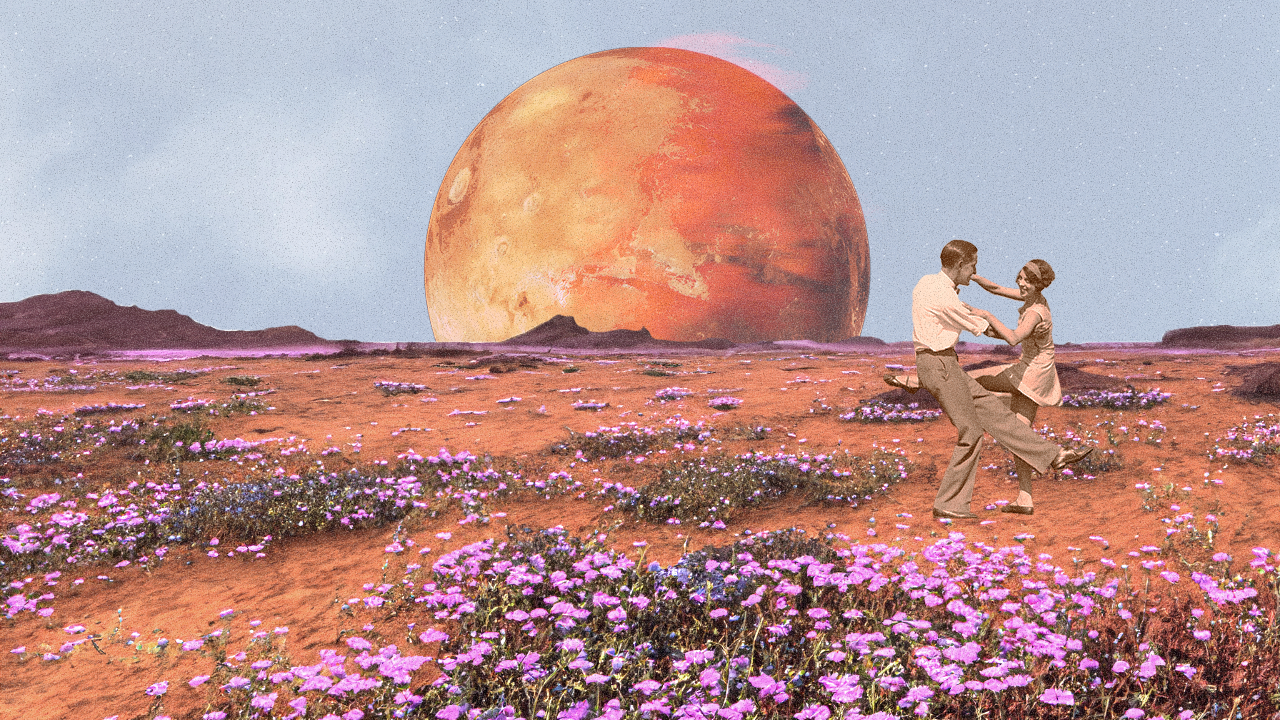 Man and woman dancing on a bed of flowers with Mars rising in the sky