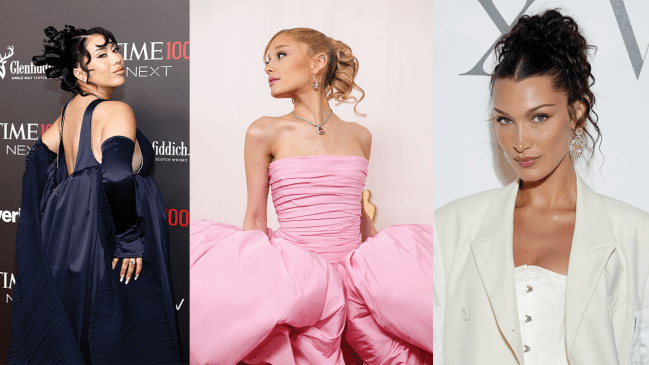 Kali Uchis, Ariana Grande, and Bella Hadid with curly updos.