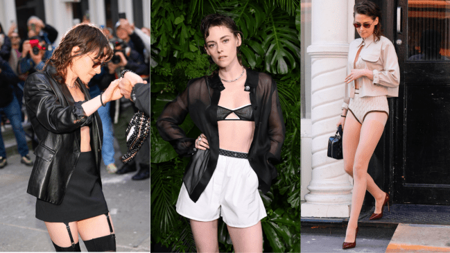 Kristen Stewart stepping out in lingerie, boxers, and boyshorts over the course of the press tour for "Love Lies Bleeding."