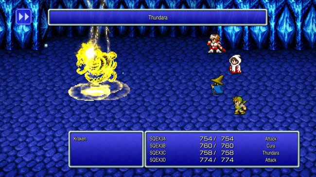 Screenshot of Final Fantasy III with characters Luneth, Arc, Refia, and Ingus fighting the boss Kraken