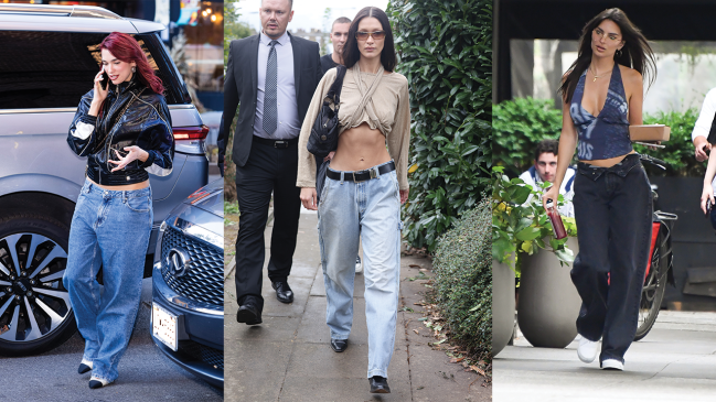 Dua Lipa, Bella Hadid, and Emily Ratajkowski wearing baggy low-waisted denim.
