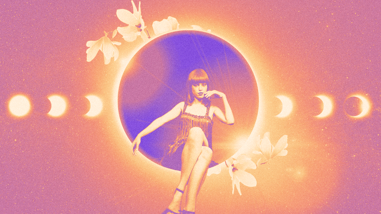 StyleCaster | A woman sitting on top of a lunar eclipse in yellow, orange, lavender, and yellow pastel hues