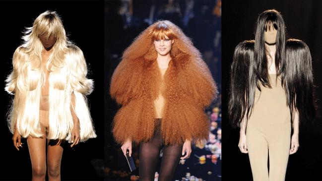Models wearing coats that exactly match their hair: a layered blonde, wavy red, and straight dark brown.