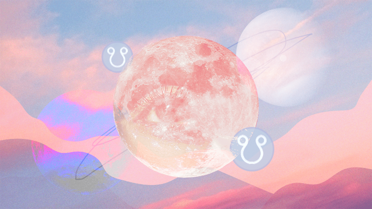 A pink full moon with an eye on it beside symbols that represent the South Node above a sunset background