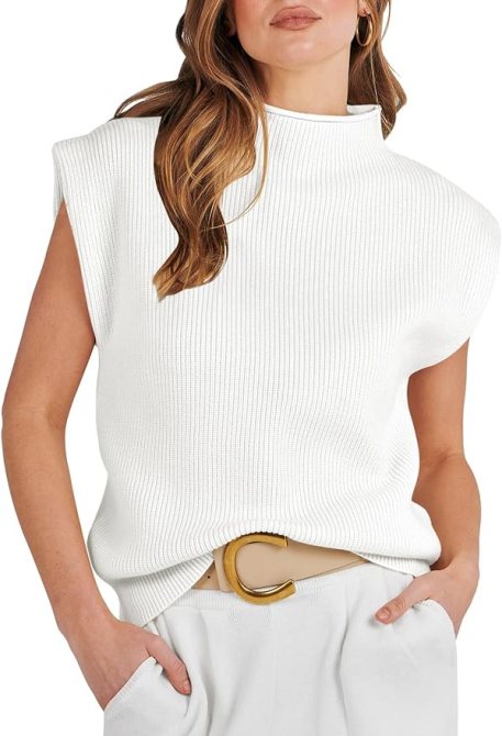 Plain but classy white sweater vest modeled on a woman