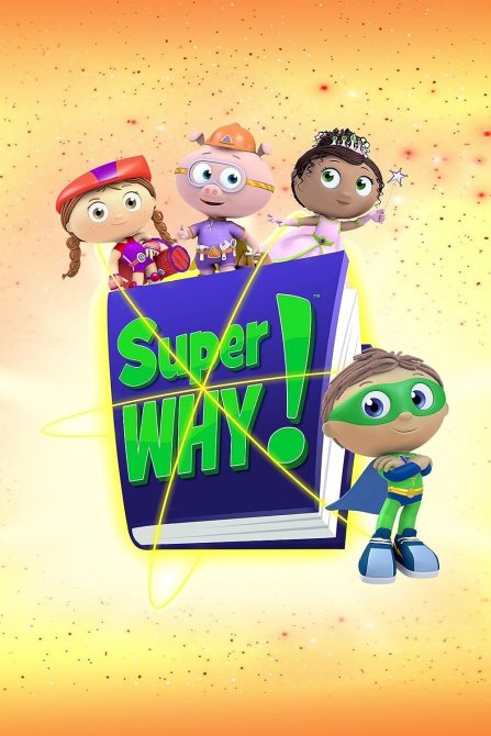 The four main Super Reader on the cover with starts and sparkles. A big book with yellow hue all around it reading "Super Why!"