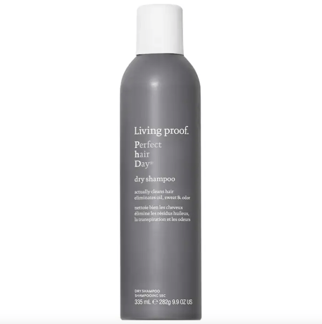Living Proof Perfect Hair Day Dry Shampoo in a grey bottle.