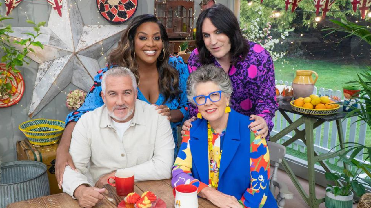 Noel Fielding, Alison Hammond, Paul Hollywood, and Prue Leith on The Great Celebrity Baking Show.