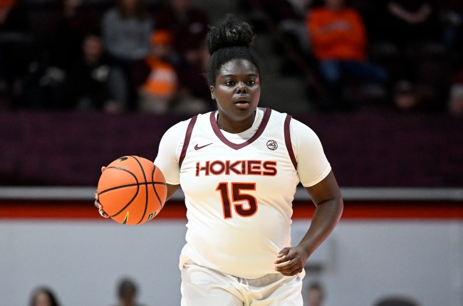 BLACKSBURG, VIRGINIA - JANUARY 22: Ashley Owusu #15 of the Virginia Tech Hokies handles the ball against the Wake Forest Demon Deacons at Cassell Coliseum on January 22, 2023 in Blacksburg, Virginia.