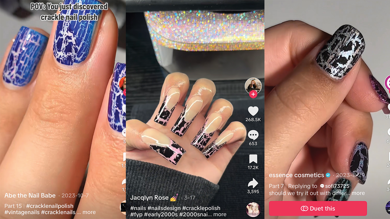 Blue crackle nails, pink french tip crackle nails, and black sparkly crackle nails on TikTok.
