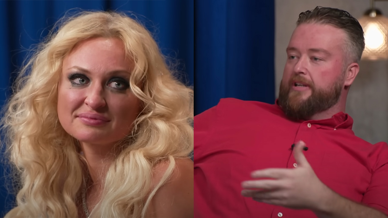 Natalie, a blonde woman crying and Mike a white man with brown hair and beard wearing a red shirt.
