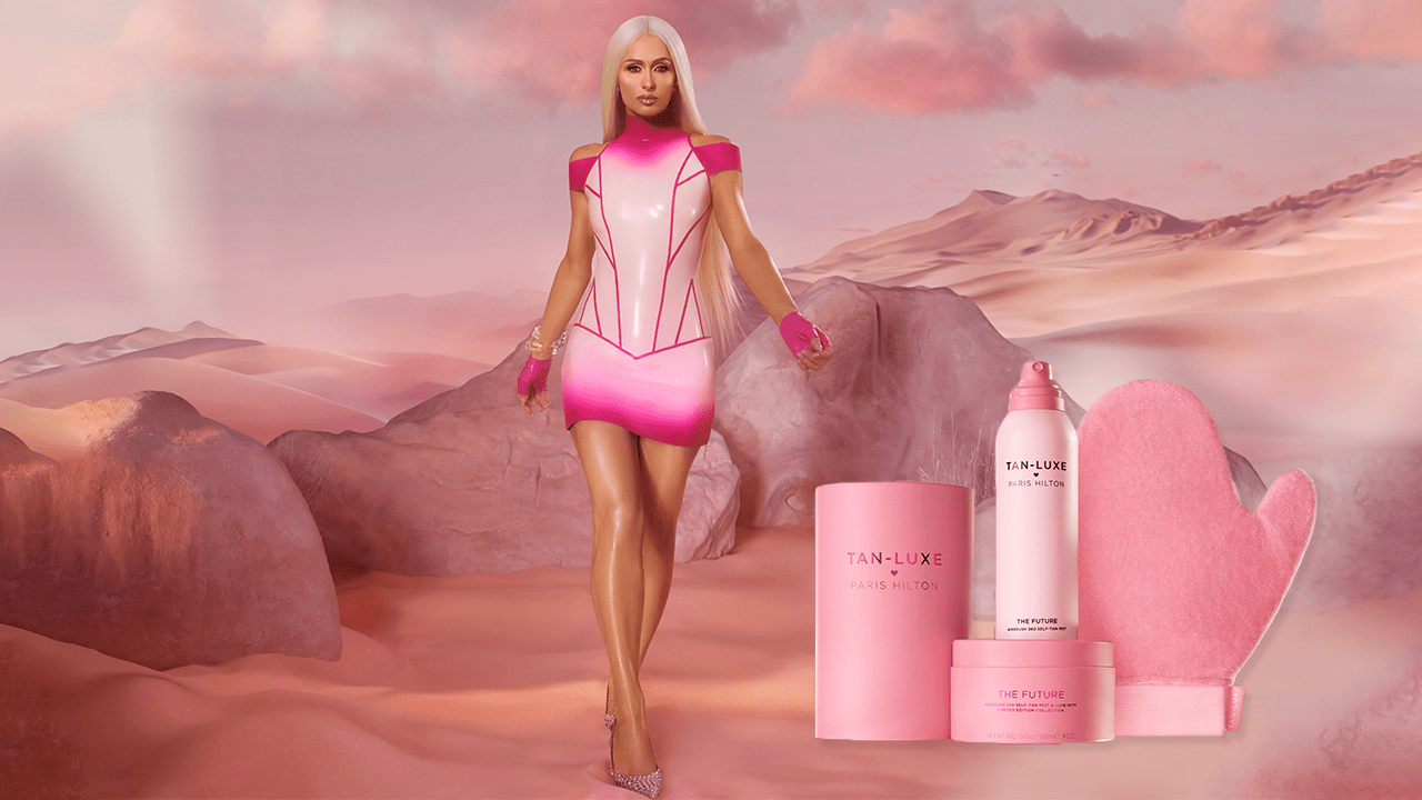 Paris Hilton for Tan-Luxe next to the Future Airbrush 360 Self-Tan Mist and mitt.