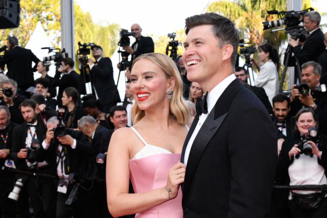 Scarlett Johansson and Colin Jost attend the "Asteroid City" red carpet during the 76th annual Cannes film festival at Palais des Festivals on May 23, 2023 in Cannes, France