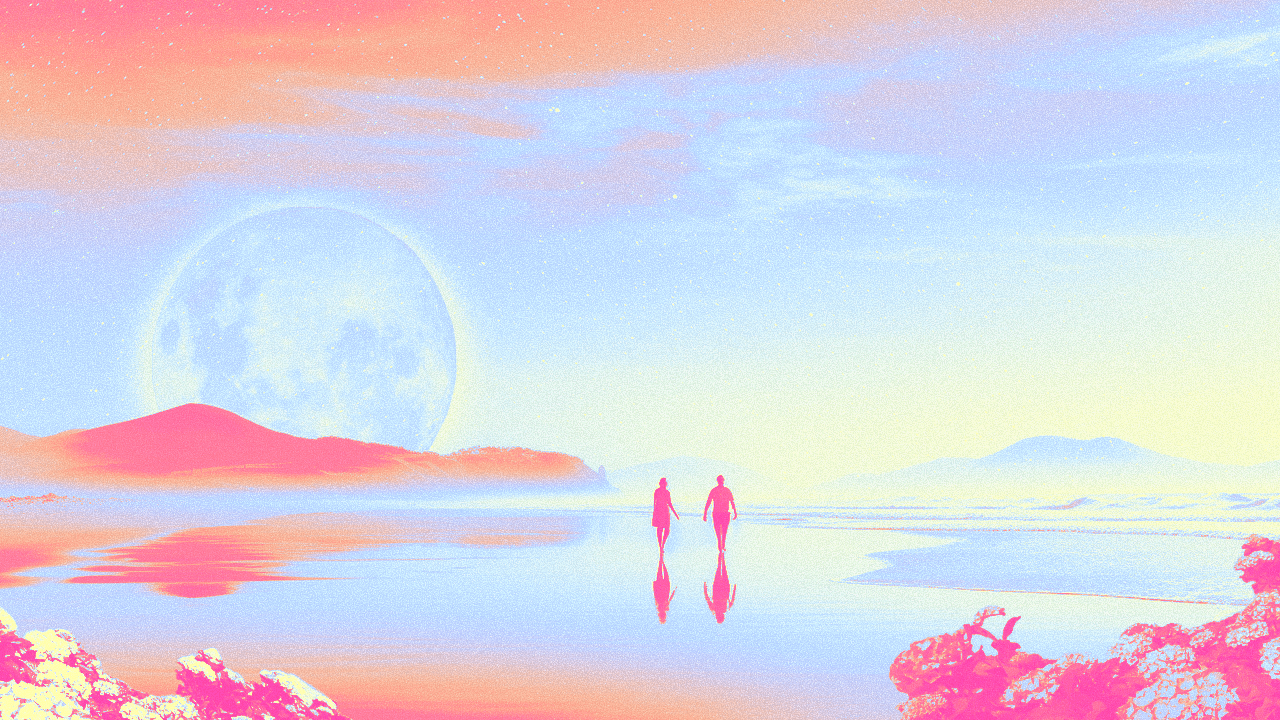 Two people walking along a pink and orange beach with a bright full moon in Scorpio hanging in the sky