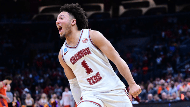 Mark Sears #1 of the Alabama Crimson Tide smiles after winning the West Regional over the Clemson Tigers in the Elite Eight round of the 2024 NCAA Men's Basketball Tournament held at Crypto.com Arena on March 30, 2024 in Los Angeles, California.