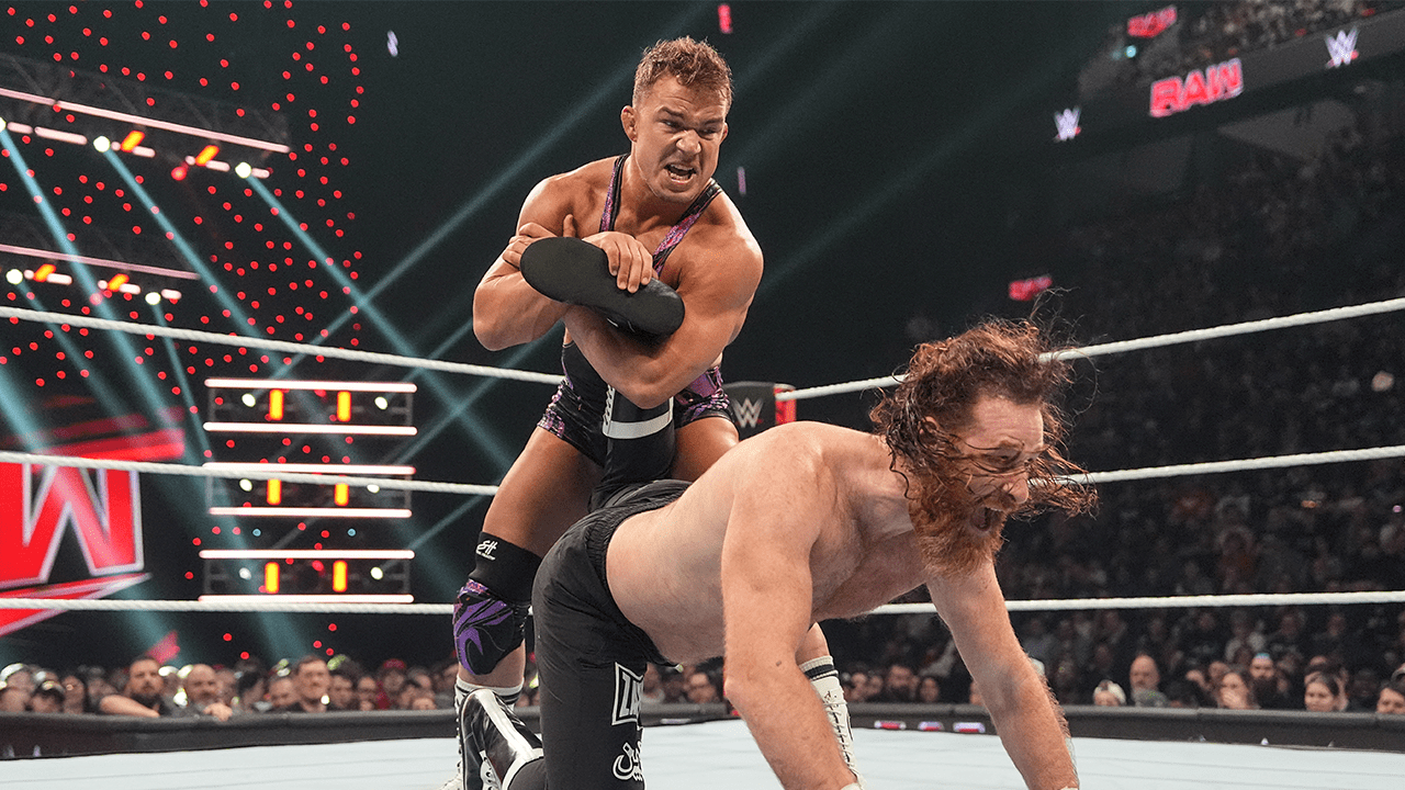 Chad Gable puts Sami Zayn in an ankle lock during Monday Night RAW at the Bell Centre on April 15, 2024 in Montreal, Canada.